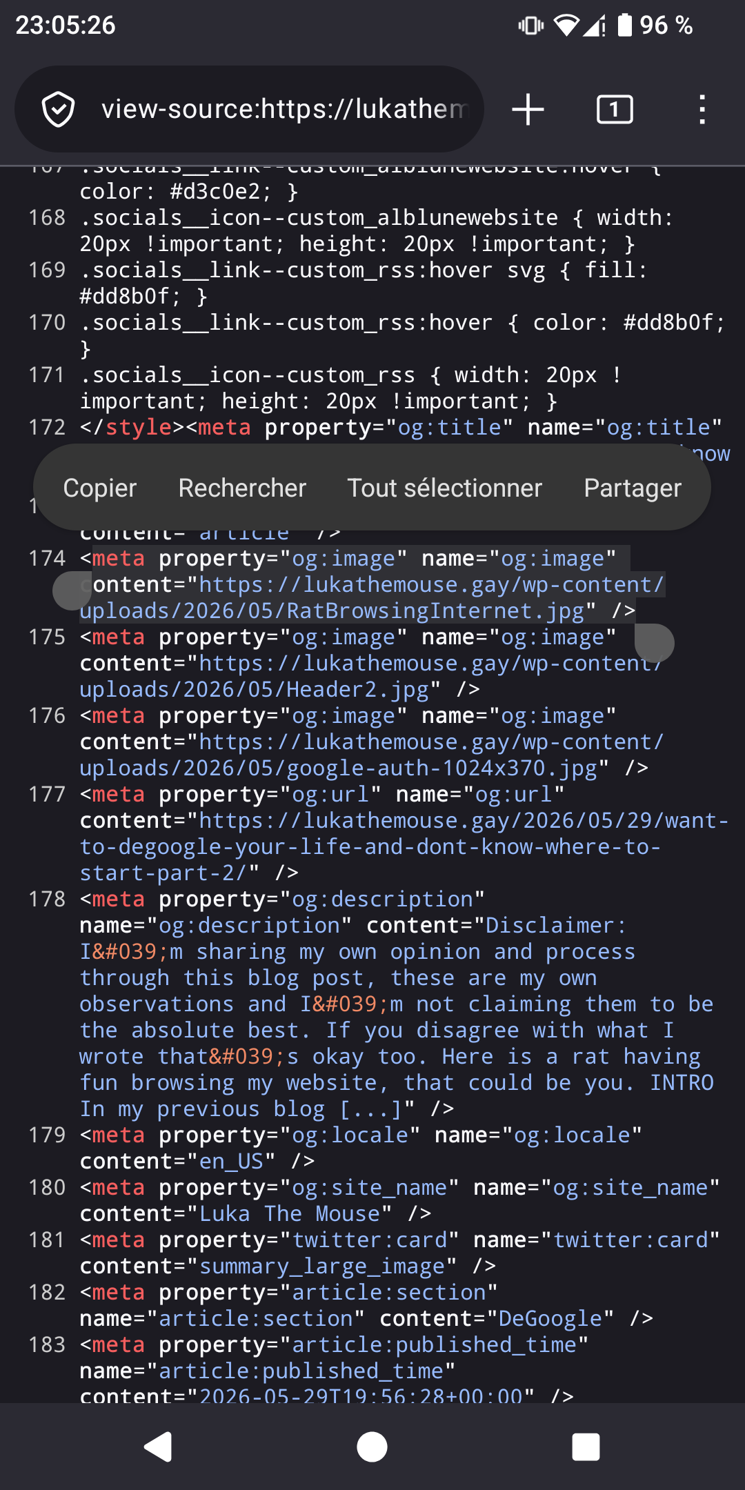 Screenshot of the source HTML of the article where the line is highlighted.
